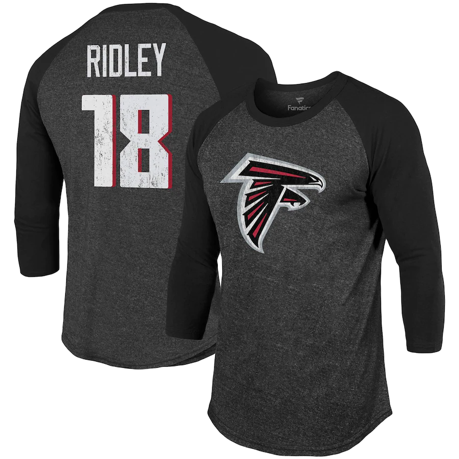Men's Atlanta Falcons Calvin Ridley Black Team Player Name & Number Tri-Blend Raglan 3/4-Sleeve T-Shirt